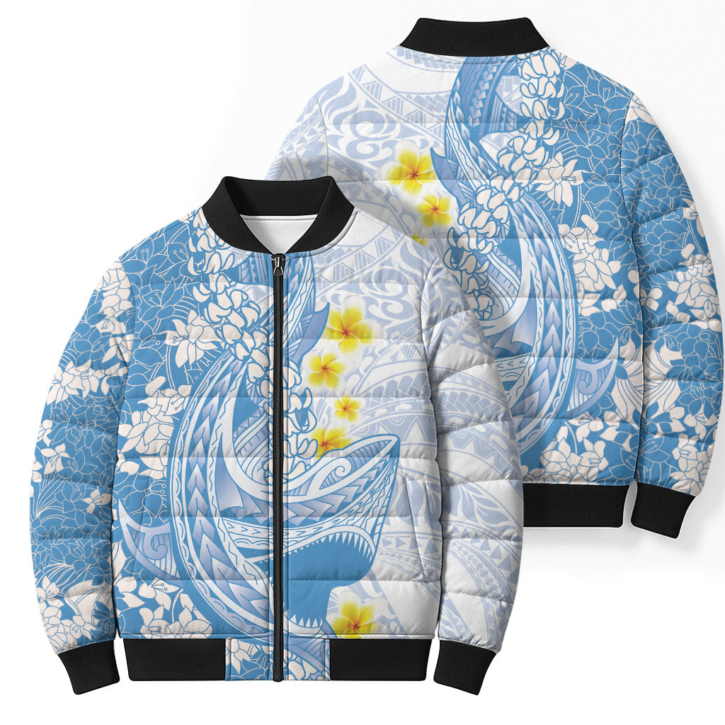 Blue Hawaii Shark Tattoo Bomber Puffer Jacket Puakenikeni Lei Plumeria Polynesian Pattern LT14 - Polynesian Pride
