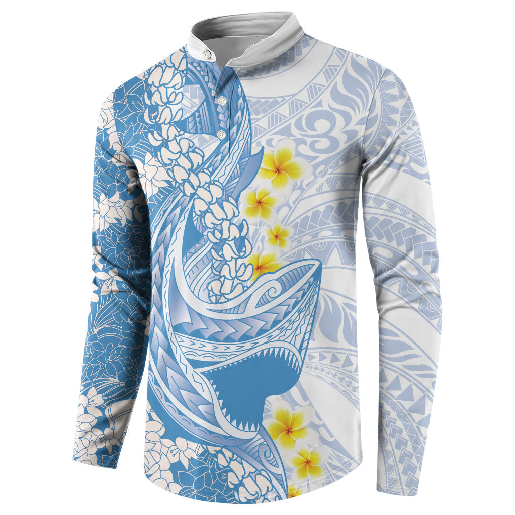Blue Hawaii Shark Tattoo Button Sweatshirt Puakenikeni Lei Plumeria Polynesian Pattern LT14 - Polynesian Pride