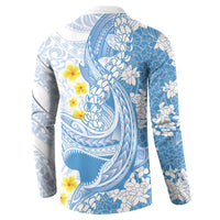 Blue Hawaii Shark Tattoo Button Sweatshirt Puakenikeni Lei Plumeria Polynesian Pattern LT14 - Polynesian Pride