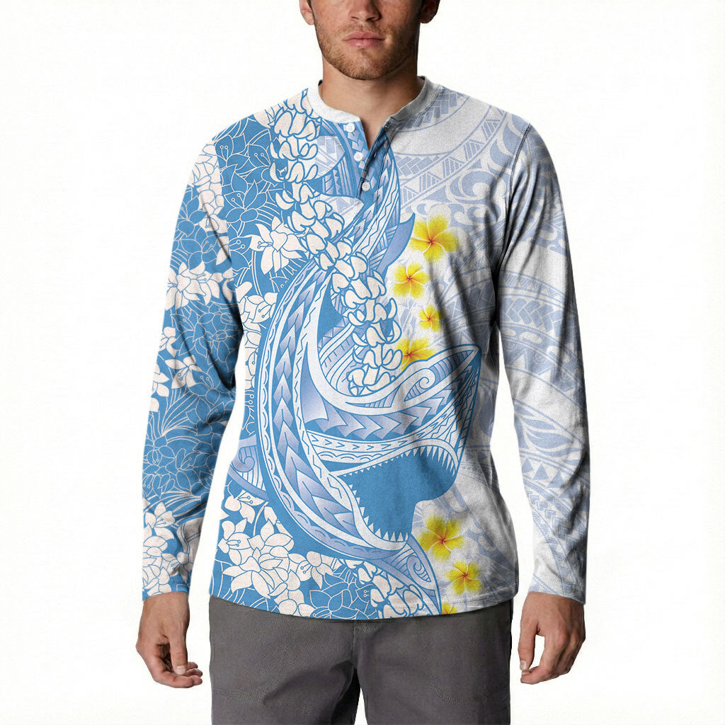 Blue Hawaii Shark Tattoo Button Sweatshirt Puakenikeni Lei Plumeria Polynesian Pattern LT14 - Polynesian Pride