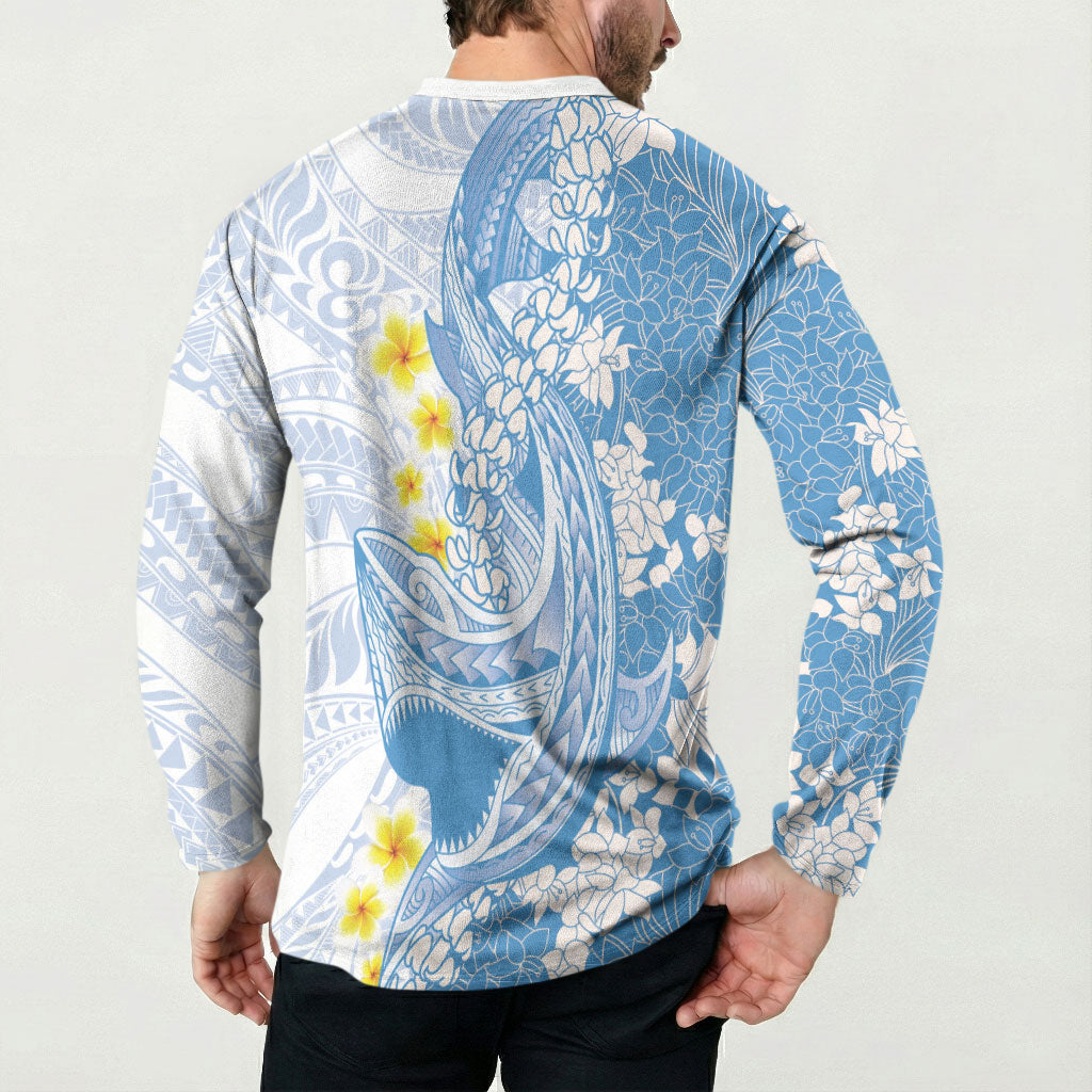 Blue Hawaii Shark Tattoo Button Sweatshirt Puakenikeni Lei Plumeria Polynesian Pattern LT14 - Polynesian Pride