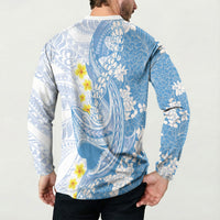 Blue Hawaii Shark Tattoo Button Sweatshirt Puakenikeni Lei Plumeria Polynesian Pattern LT14 - Polynesian Pride