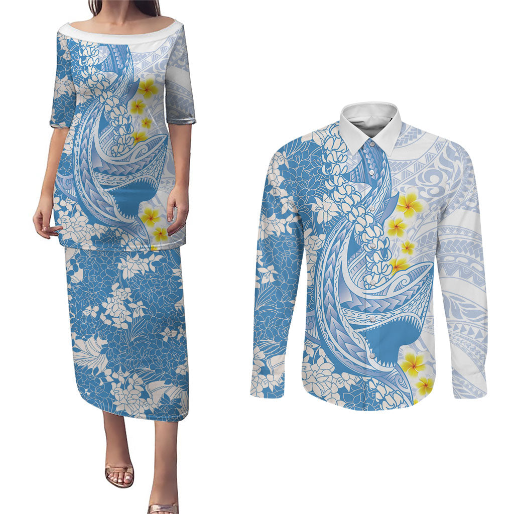Blue Hawaii Shark Tattoo Couples Matching Puletasi and Long Sleeve Button Shirt Puakenikeni Lei Plumeria Polynesian Pattern LT14 Blue - Polynesian Pride