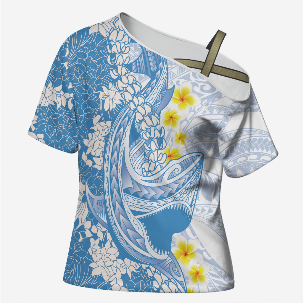 Blue Hawaii Shark Tattoo Cross Shoulder Shirt Puakenikeni Lei Plumeria Polynesian Pattern LT14 Female Blue - Polynesian Pride