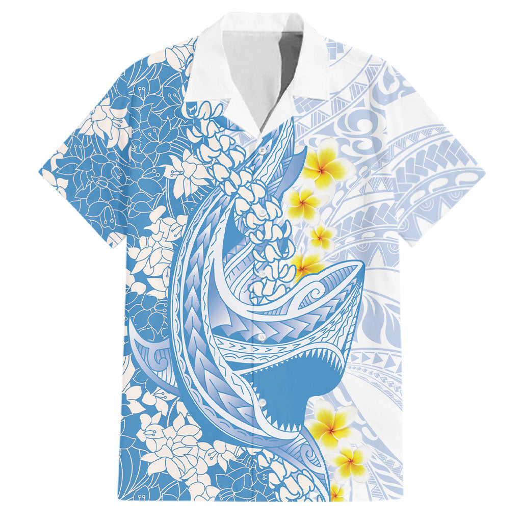 Blue Hawaii Shark Tattoo Family Matching Long Sleeve Bodycon Dress and Hawaiian Shirt Puakenikeni Lei Plumeria Polynesian Pattern LT14 Dad's Shirt - Short Sleeve Blue - Polynesian Pride