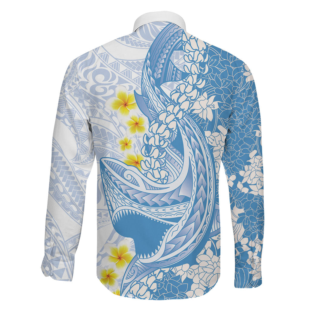 Blue Hawaii Shark Tattoo Family Matching Long Sleeve Bodycon Dress and Hawaiian Shirt Puakenikeni Lei Plumeria Polynesian Pattern LT14 - Polynesian Pride