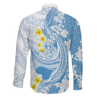 Blue Hawaii Shark Tattoo Family Matching Off The Shoulder Long Sleeve Dress and Hawaiian Shirt Puakenikeni Lei Plumeria Polynesian Pattern LT14 - Polynesian Pride