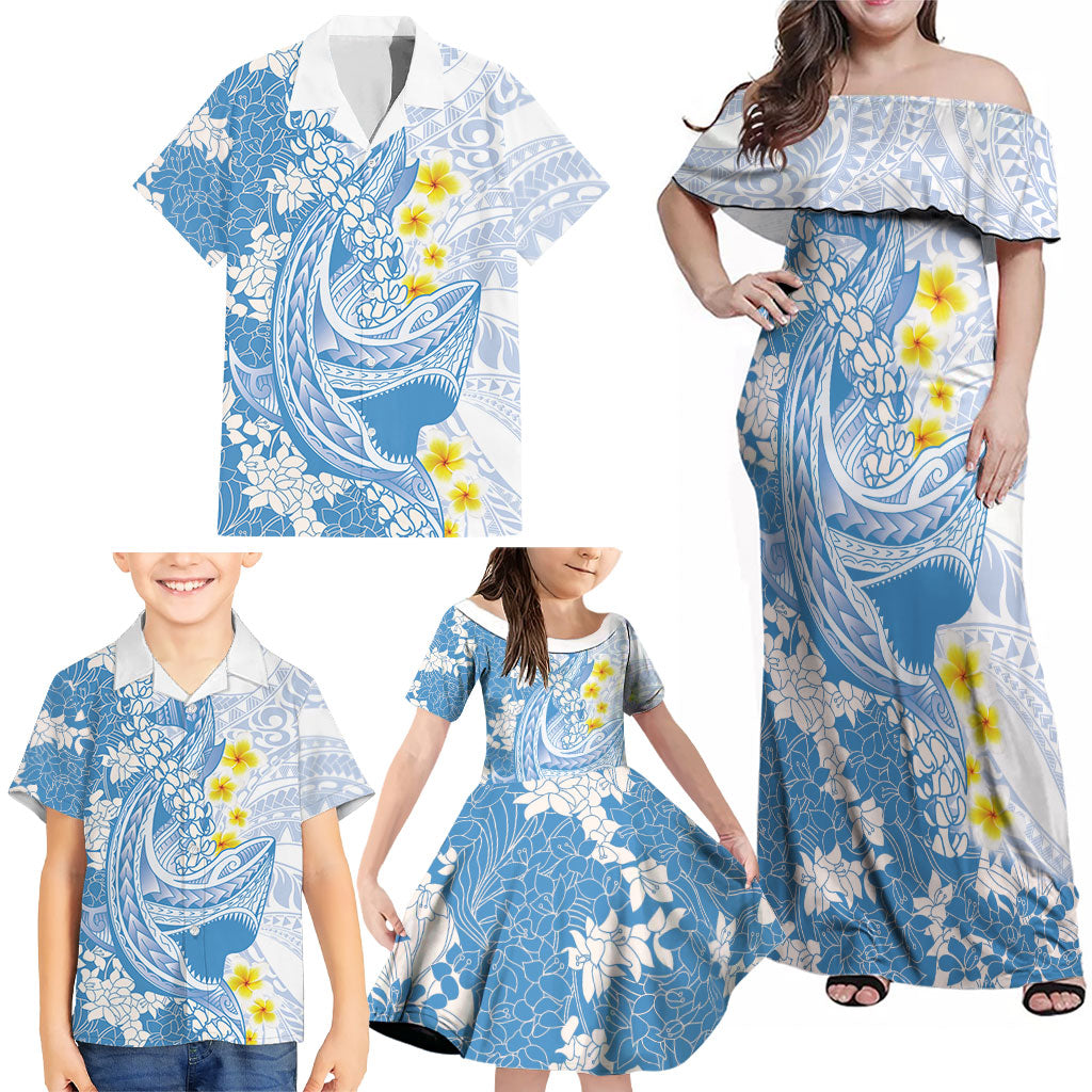 Blue Hawaii Shark Tattoo Family Matching Off Shoulder Maxi Dress and Hawaiian Shirt Puakenikeni Lei Plumeria Polynesian Pattern