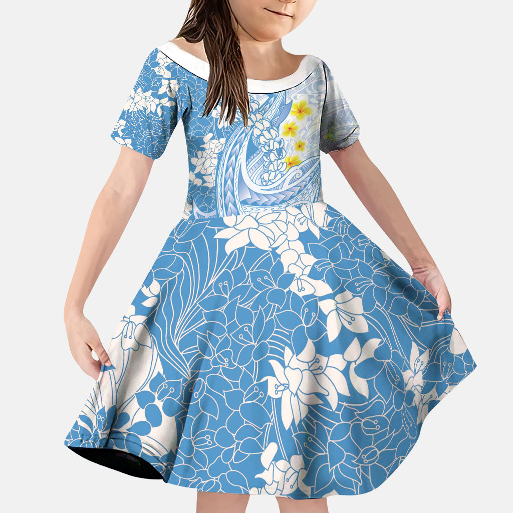 Blue Hawaii Shark Tattoo Family Matching Off Shoulder Short Dress and Hawaiian Shirt Puakenikeni Lei Plumeria Polynesian Pattern LT14 Daughter's Dress Blue - Polynesian Pride
