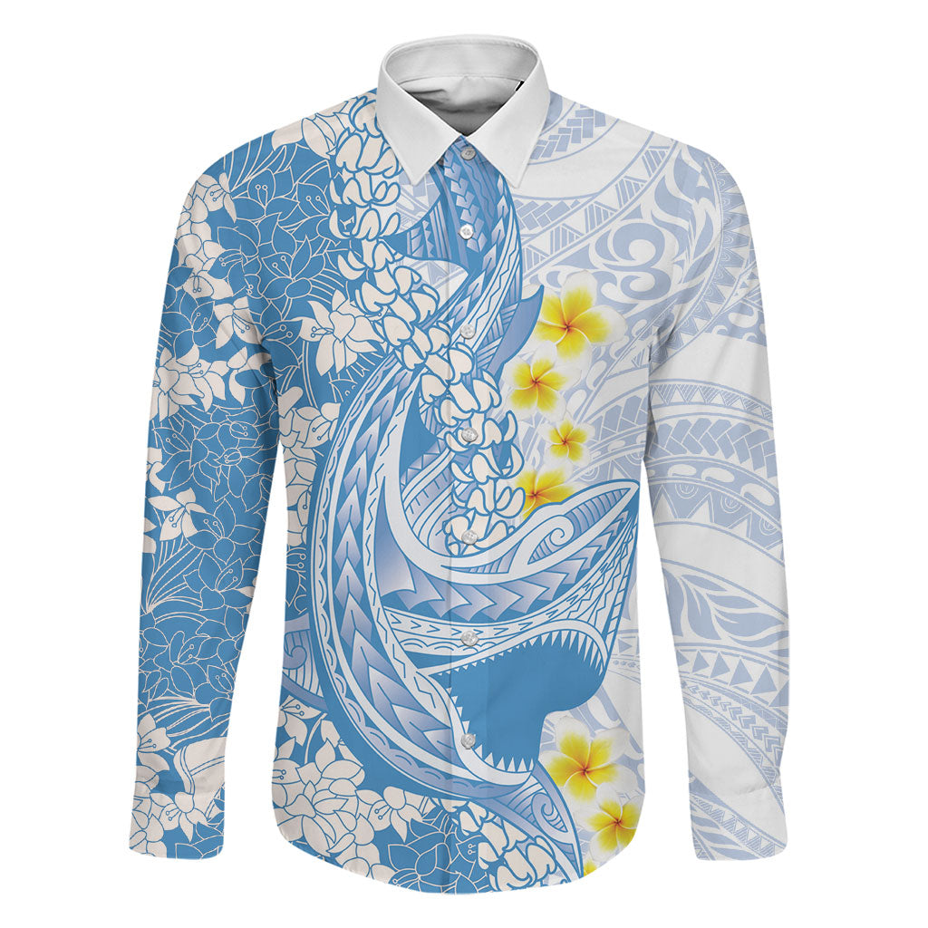 Blue Hawaii Shark Tattoo Family Matching Summer Maxi Dress and Hawaiian Shirt Puakenikeni Lei Plumeria Polynesian Pattern LT14 Dad's Shirt - Long Sleeve Blue - Polynesian Pride