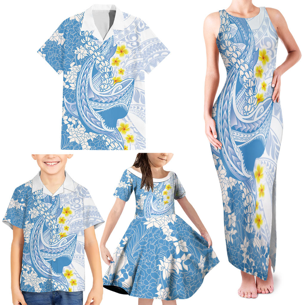 Blue Hawaii Shark Tattoo Family Matching Tank Maxi Dress and Hawaiian Shirt Puakenikeni Lei Plumeria Polynesian Pattern