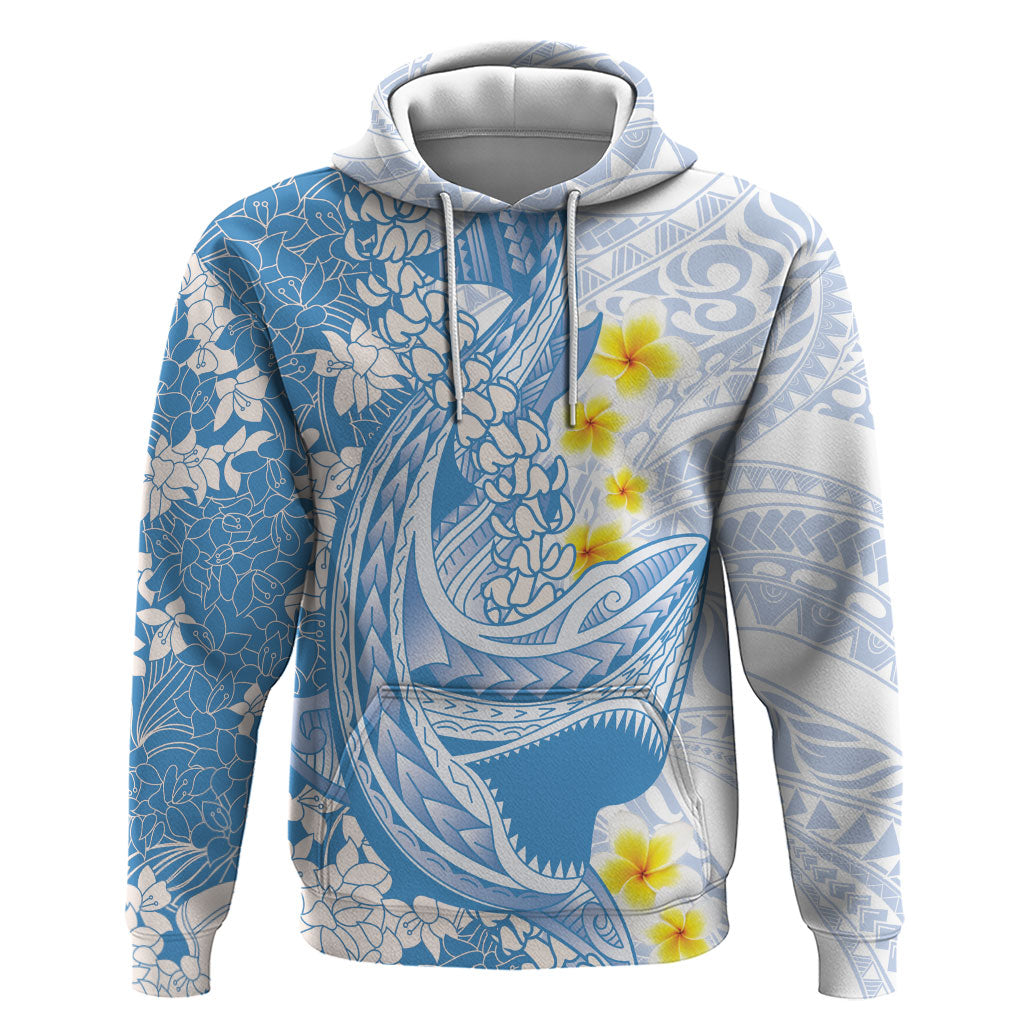 Blue Hawaii Shark Tattoo Hoodie Puakenikeni Lei Plumeria Polynesian Pattern
