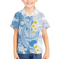 Blue Hawaii Shark Tattoo Kid Hawaiian Shirt Puakenikeni Lei Plumeria Polynesian Pattern LT14 Kid Blue - Polynesian Pride