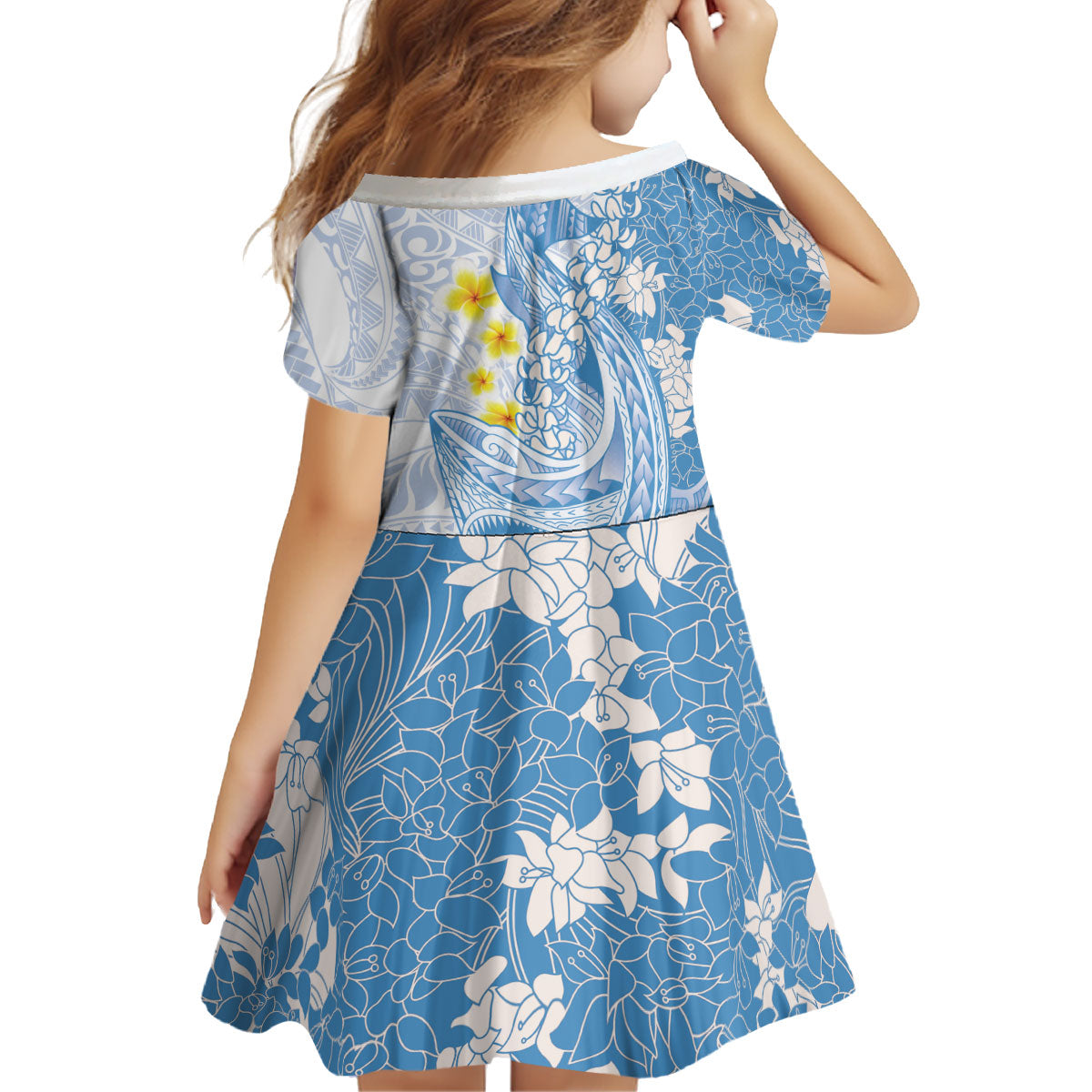 Blue Hawaii Shark Tattoo Kid Short Sleeve Dress Puakenikeni Lei Plumeria Polynesian Pattern LT14 - Polynesian Pride