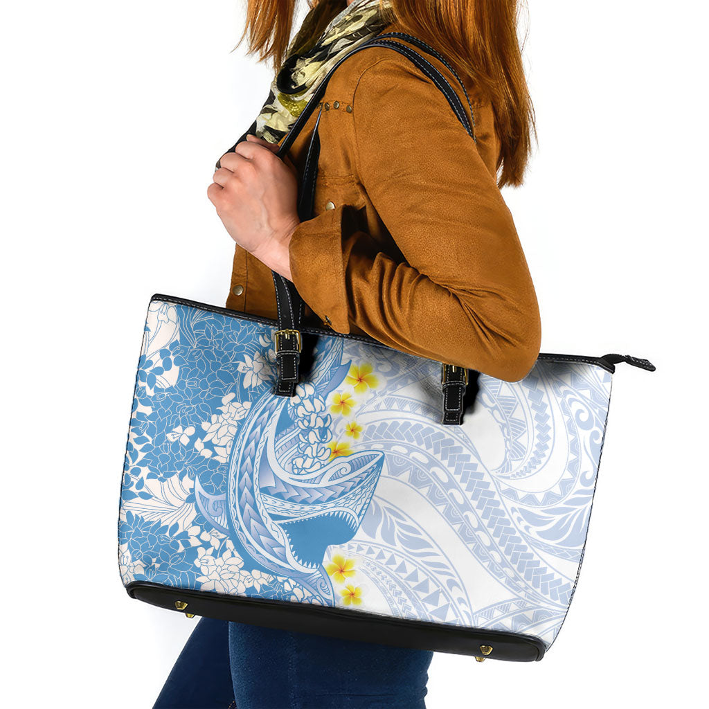 Blue Hawaii Shark Tattoo Leather Tote Bag Puakenikeni Lei Plumeria Polynesian Pattern LT14 Blue - Polynesian Pride