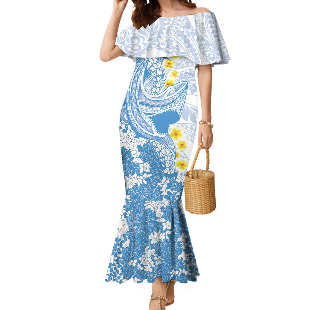 Blue Hawaii Shark Tattoo Mermaid Dress Puakenikeni Lei Plumeria Polynesian Pattern LT14 Women Blue - Polynesian Pride