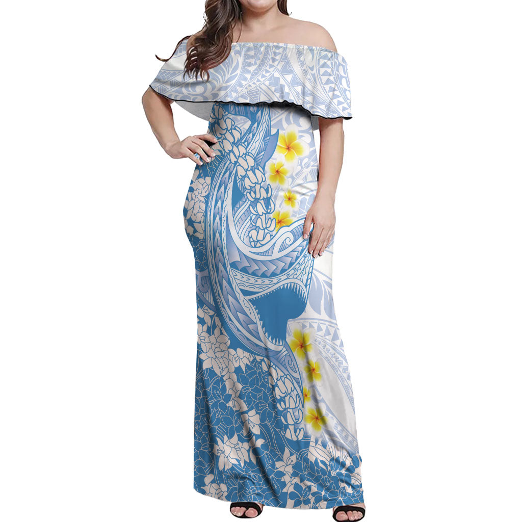 Blue Hawaii Shark Tattoo Off Shoulder Maxi Dress Puakenikeni Lei Plumeria Polynesian Pattern LT14 Women Blue - Polynesian Pride