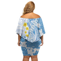 Blue Hawaii Shark Tattoo Off Shoulder Short Dress Puakenikeni Lei Plumeria Polynesian Pattern LT14 - Polynesian Pride