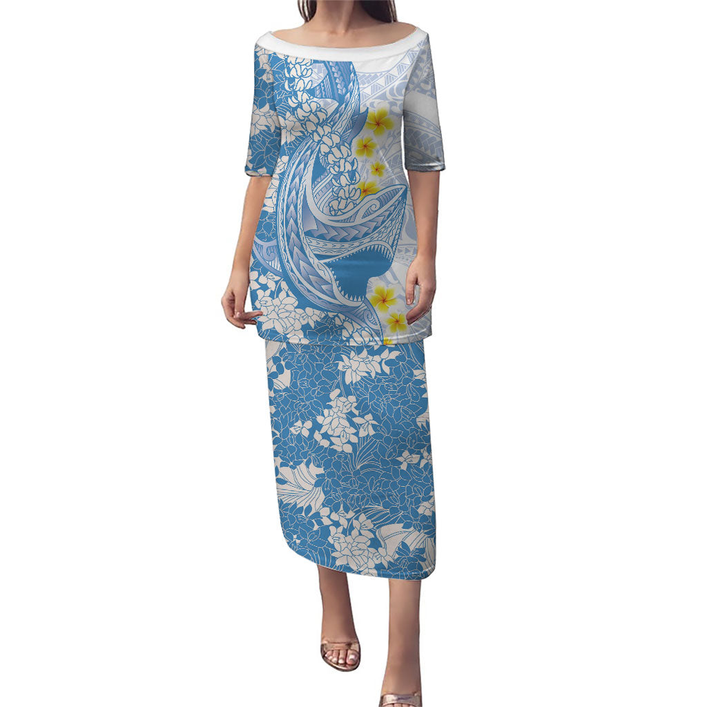 Blue Hawaii Shark Tattoo Puletasi Puakenikeni Lei Plumeria Polynesian Pattern LT14 Long Dress Blue - Polynesian Pride