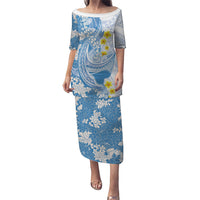 Blue Hawaii Shark Tattoo Puletasi Puakenikeni Lei Plumeria Polynesian Pattern LT14 Long Dress Blue - Polynesian Pride