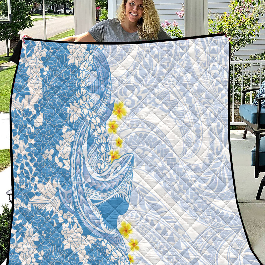 Blue Hawaii Shark Tattoo Quilt Puakenikeni Lei Plumeria Polynesian Pattern LT14 Blue - Polynesian Pride