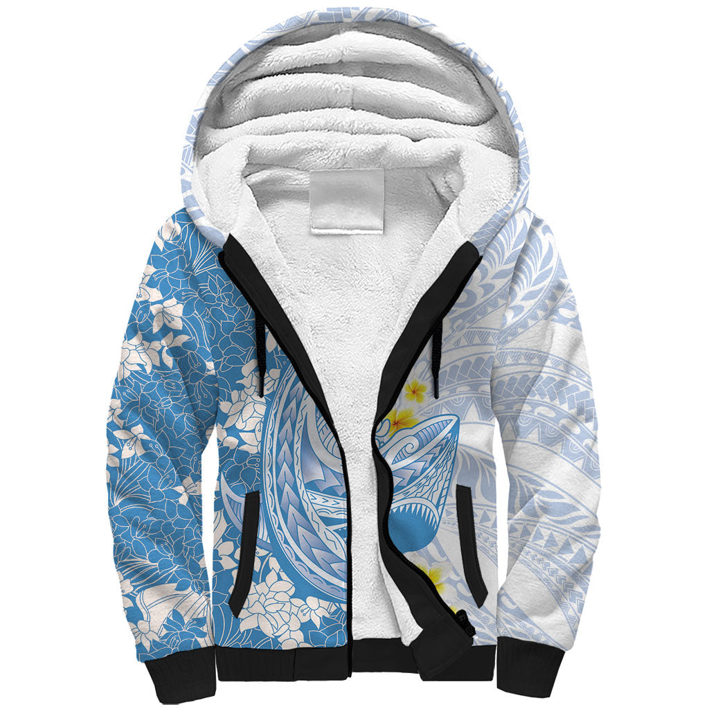 Blue Hawaii Shark Tattoo Sherpa Hoodie Puakenikeni Lei Plumeria Polynesian Pattern