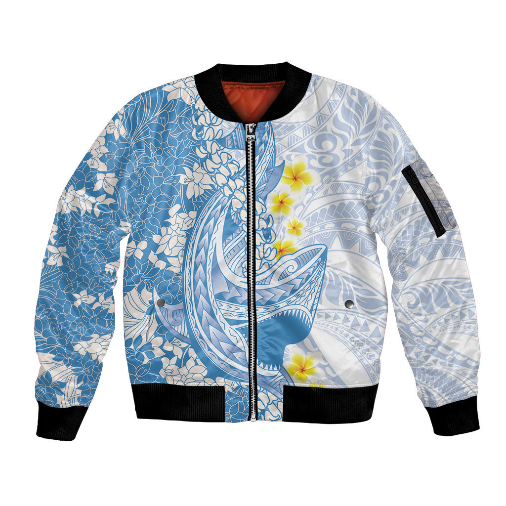 Blue Hawaii Shark Tattoo Sleeve Zip Bomber Jacket Puakenikeni Lei Plumeria Polynesian Pattern LT14 Unisex Blue - Polynesian Pride