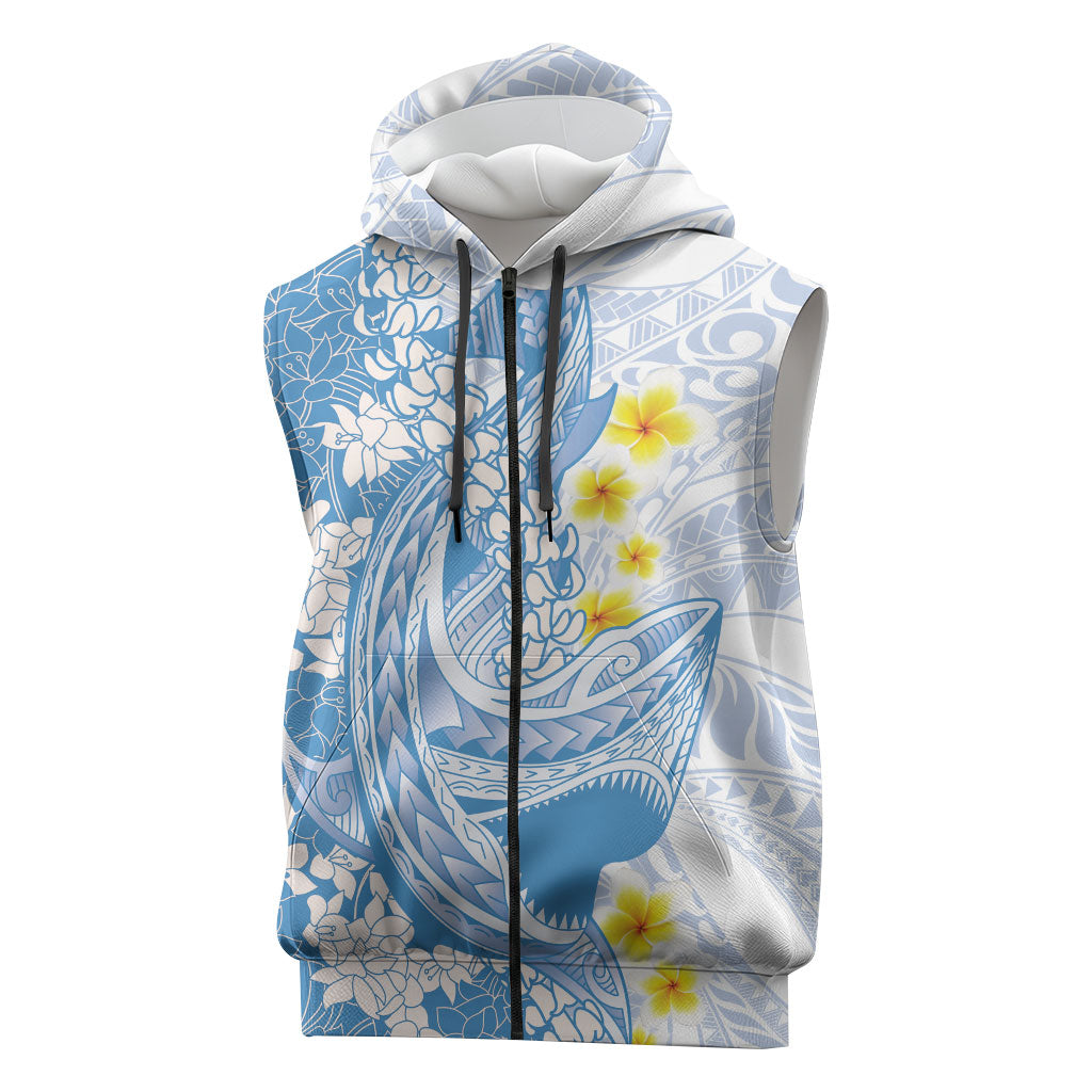 Blue Hawaii Shark Tattoo Sleeveless Zip Hoodie Puakenikeni Lei Plumeria Polynesian Pattern LT14 Blue - Polynesian Pride