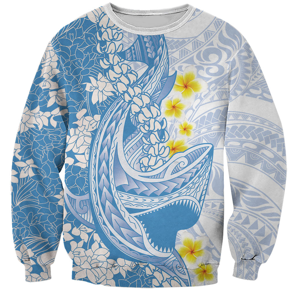 Blue Hawaii Shark Tattoo Sweatshirt Puakenikeni Lei Plumeria Polynesian Pattern
