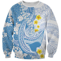 Blue Hawaii Shark Tattoo Sweatshirt Puakenikeni Lei Plumeria Polynesian Pattern