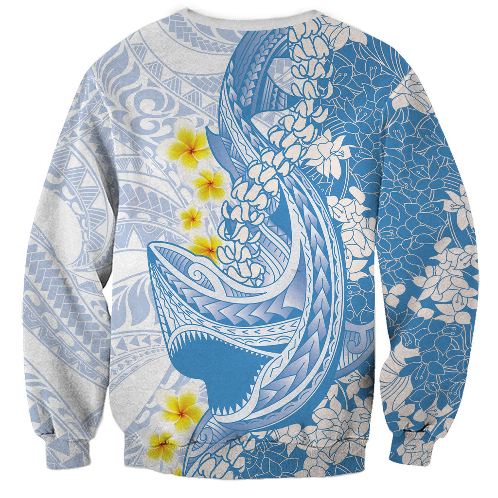Blue Hawaii Shark Tattoo Sweatshirt Puakenikeni Lei Plumeria Polynesian Pattern