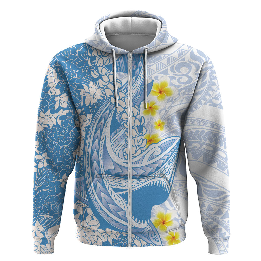 Blue Hawaii Shark Tattoo Zip Hoodie Puakenikeni Lei Plumeria Polynesian Pattern LT14 Zip Hoodie Blue - Polynesian Pride