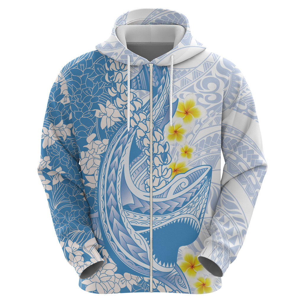 Blue Hawaii Shark Tattoo Zip Hoodie Puakenikeni Lei Plumeria Polynesian Pattern LT14 - Polynesian Pride
