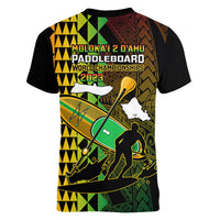Paddle Board Hawaii Women V Neck T Shirt Molokai 2 Oahu World Championships Kakau Pattern LT14 - Polynesian Pride