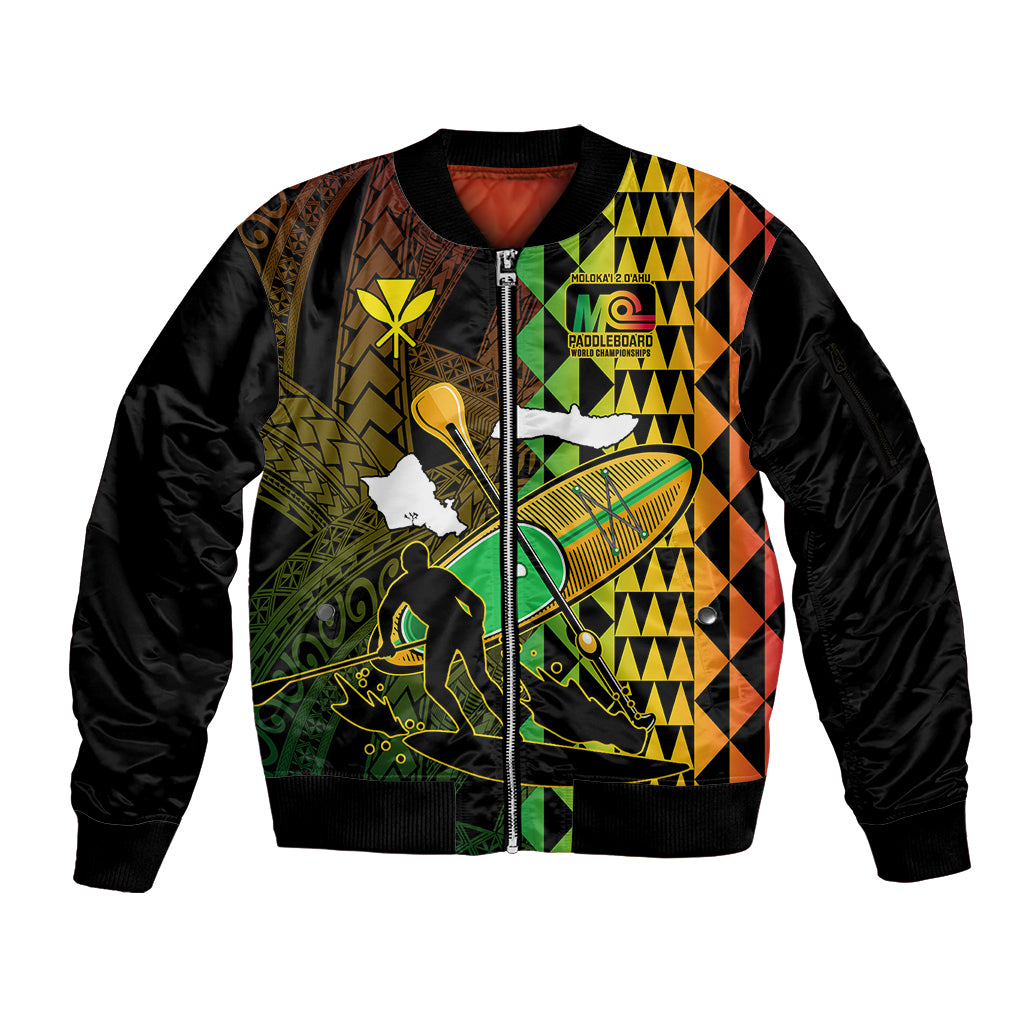 Personalised Paddle Board Hawaii Sleeve Zip Bomber Jacket Molokai 2 Oahu World Championships Kakau Pattern LT14 Unisex Black - Polynesian Pride