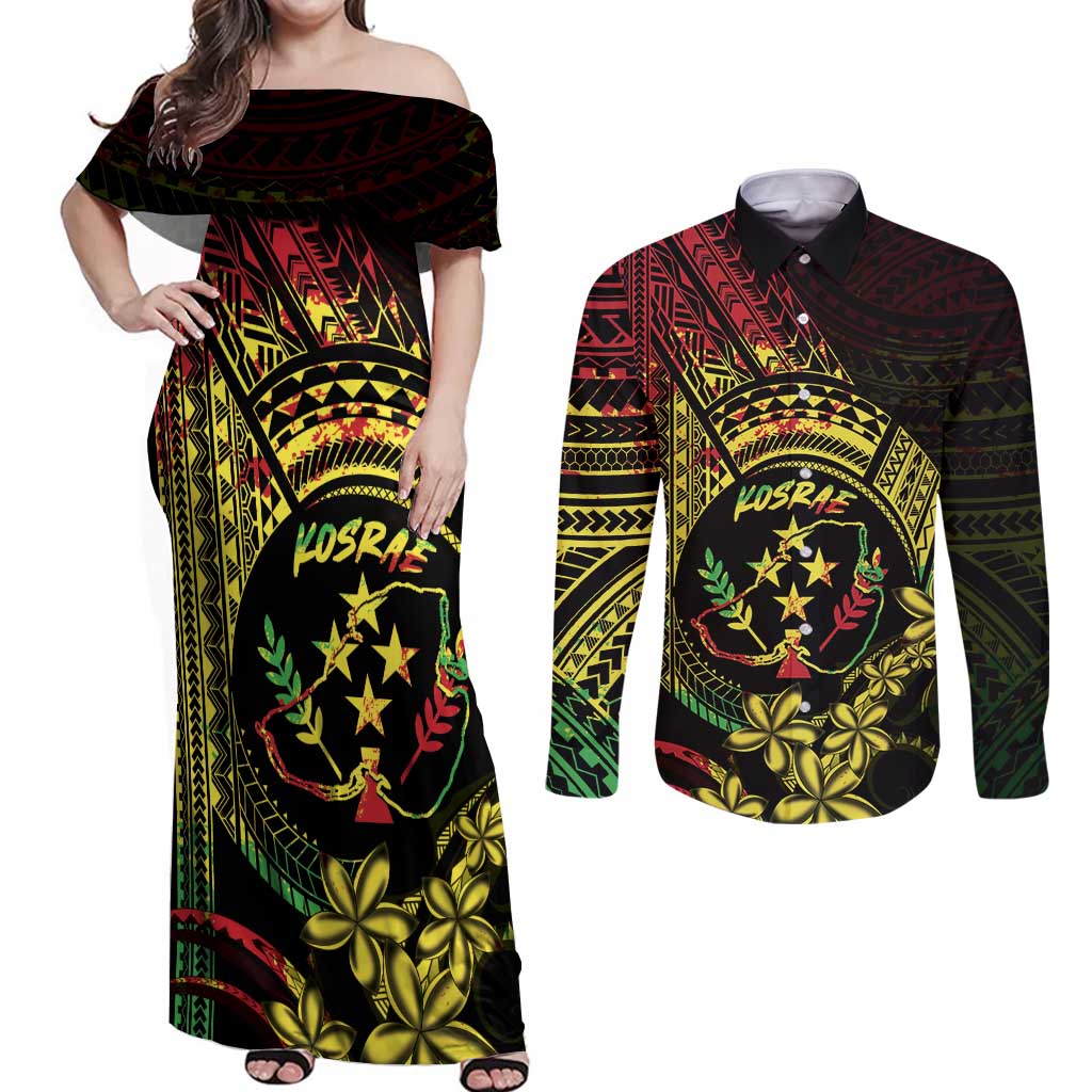 Reggae Kosrae Liberation Day Couples Matching Off Shoulder Maxi Dress and Long Sleeve Button Shirt September 8 Polynesian Tattoo LT14 Reggae - Polynesian Pride