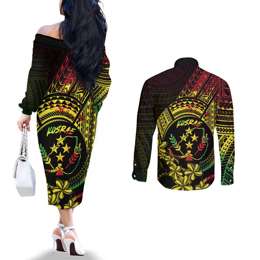 Reggae Kosrae Liberation Day Couples Matching Off The Shoulder Long Sleeve Dress and Long Sleeve Button Shirt September 8 Polynesian Tattoo - Polynesian Pride