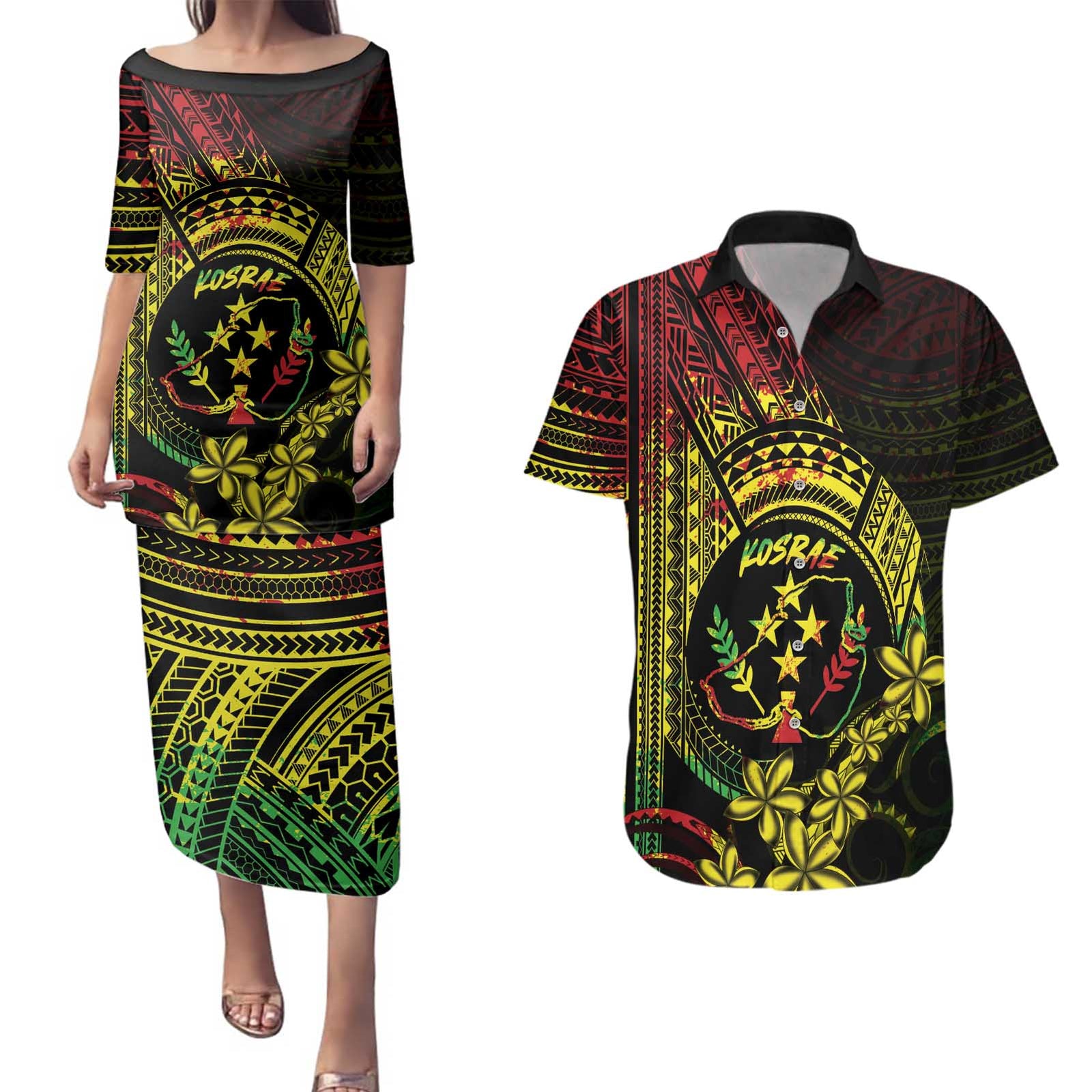 Reggae Kosrae Liberation Day Couples Matching Puletasi and Hawaiian Shirt September 8 Polynesian Tattoo LT14 Reggae - Polynesian Pride