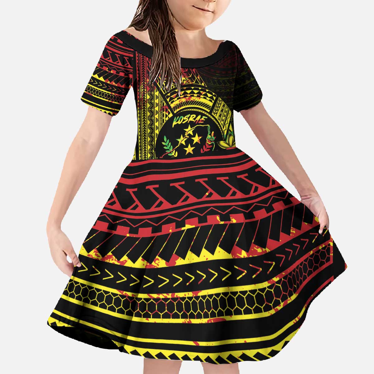 Reggae Kosrae Liberation Day Family Matching Off The Shoulder Long Sleeve Dress and Hawaiian Shirt September 8 Polynesian Tattoo - Polynesian Pride