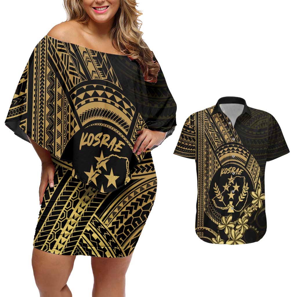 Gold Kosrae Liberation Day Couples Matching Off Shoulder Short Dress and Hawaiian Shirt September 8 Polynesian Tattoo - Polynesian Pride
