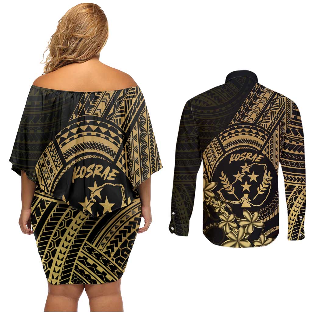 Gold Kosrae Liberation Day Couples Matching Off Shoulder Short Dress and Long Sleeve Button Shirt September 8 Polynesian Tattoo - Polynesian Pride