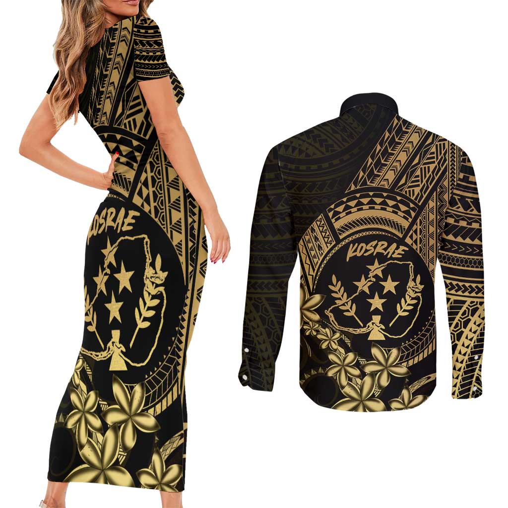 Gold Kosrae Liberation Day Couples Matching Short Sleeve Bodycon Dress and Long Sleeve Button Shirt September 8 Polynesian Tattoo - Polynesian Pride