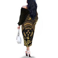 Gold Kosrae Liberation Day Family Matching Off The Shoulder Long Sleeve Dress and Hawaiian Shirt September 8 Polynesian Tattoo - Polynesian Pride