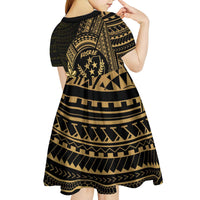 Gold Kosrae Liberation Day Kid Short Sleeve Dress September 8 Polynesian Tattoo - Polynesian Pride
