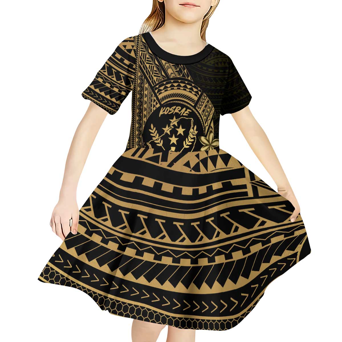 Gold Kosrae Liberation Day Kid Short Sleeve Dress September 8 Polynesian Tattoo - Polynesian Pride