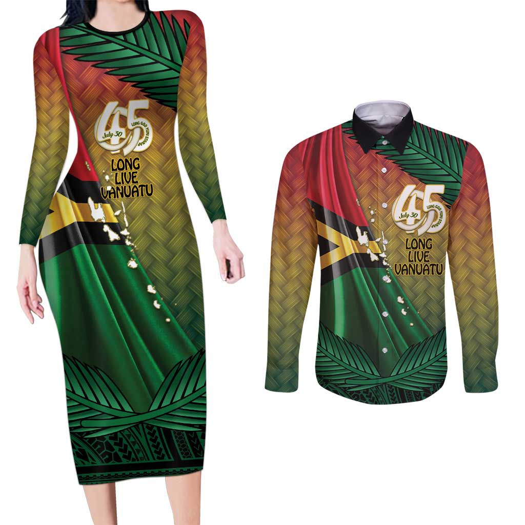 Personalised Long Live Vanuatu Independence Day Couples Matching Long Sleeve Bodycon Dress and Long Sleeve Button Shirt 45th Anniversary Woven Pattern - Polynesian Pride