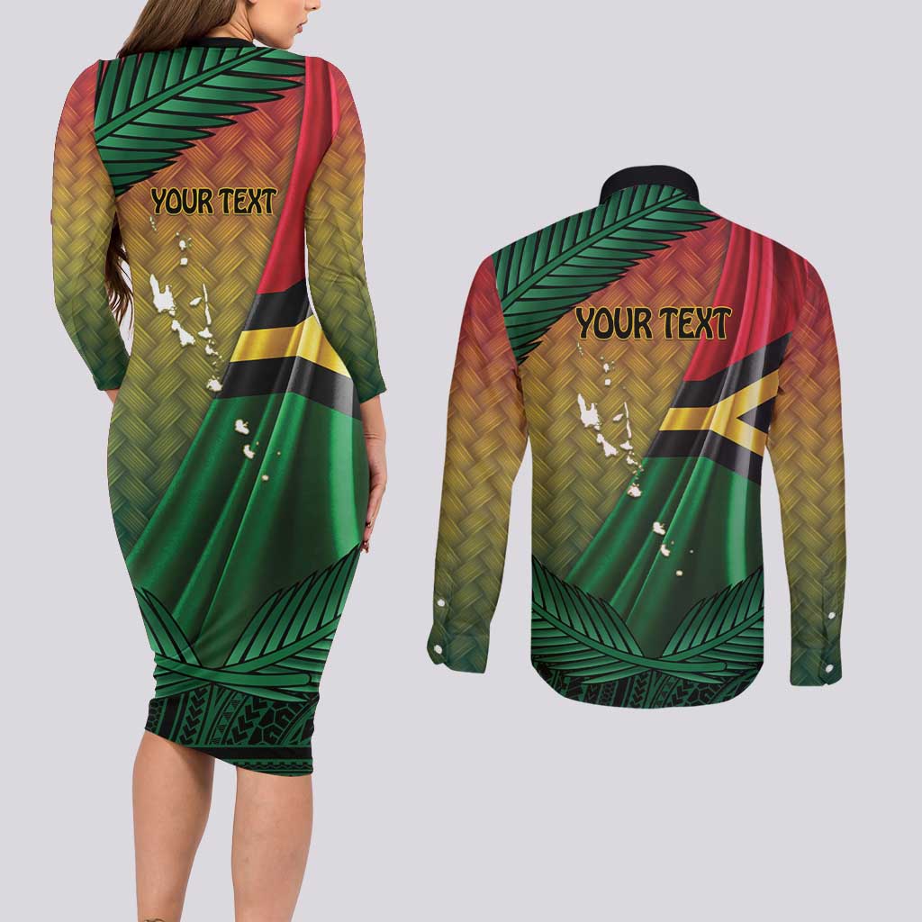 Personalised Long Live Vanuatu Independence Day Couples Matching Long Sleeve Bodycon Dress and Long Sleeve Button Shirt 45th Anniversary Woven Pattern - Polynesian Pride