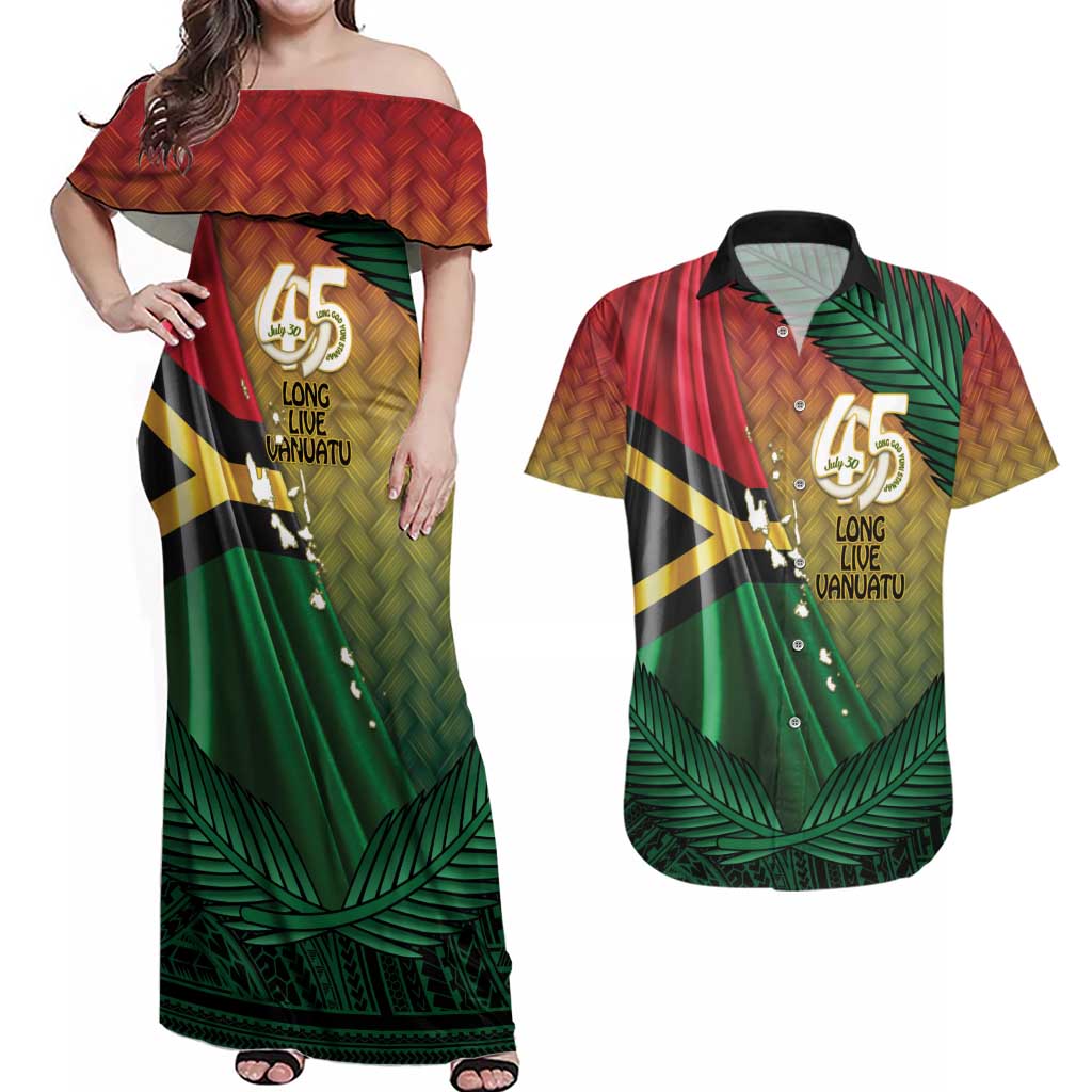 Personalised Long Live Vanuatu Independence Day Couples Matching Off Shoulder Maxi Dress and Hawaiian Shirt 45th Anniversary Woven Pattern - Polynesian Pride