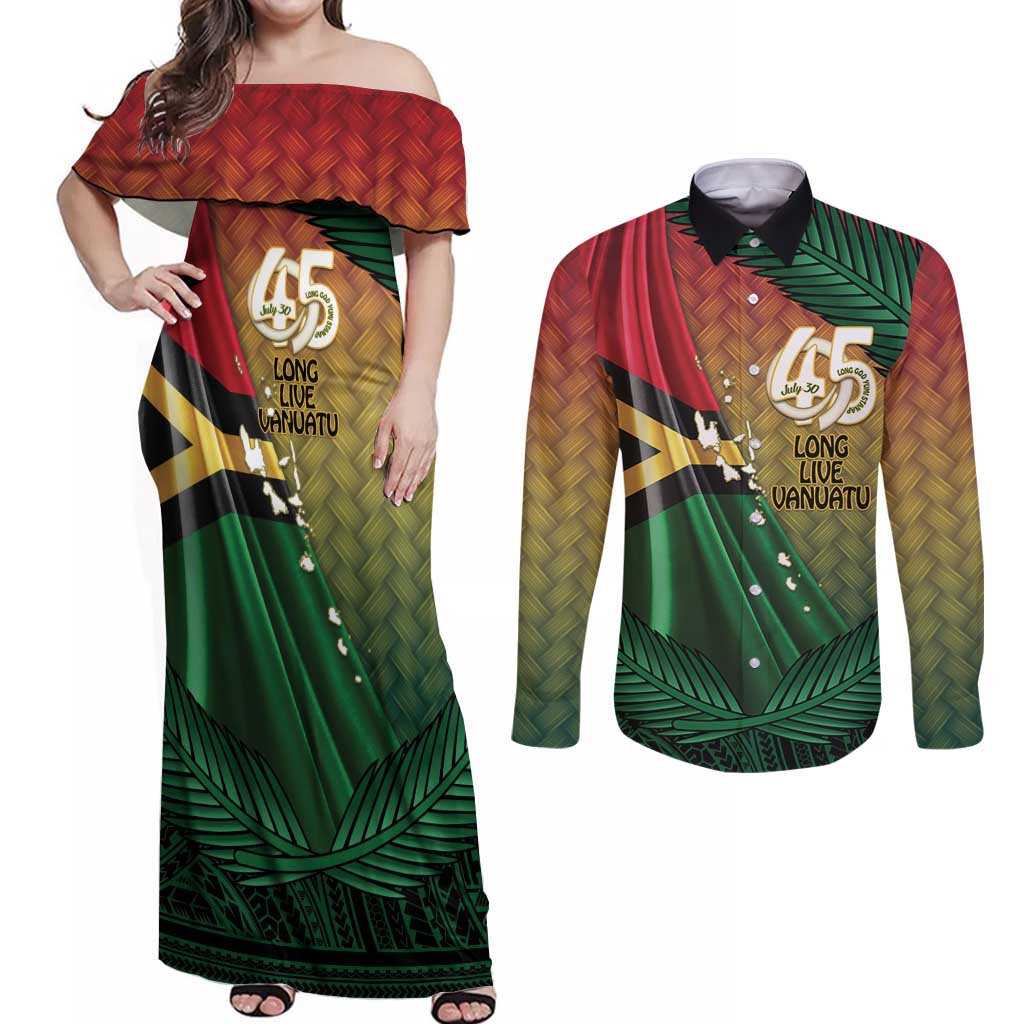 Personalised Long Live Vanuatu Independence Day Couples Matching Off Shoulder Maxi Dress and Long Sleeve Button Shirt 45th Anniversary Woven Pattern - Polynesian Pride