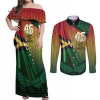 Personalised Long Live Vanuatu Independence Day Couples Matching Off Shoulder Maxi Dress and Long Sleeve Button Shirt 45th Anniversary Woven Pattern - Polynesian Pride